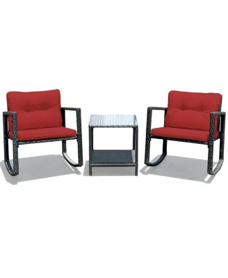 3 PCS Patio Conversation Set Rocking Chairs Cushions and Accent Table