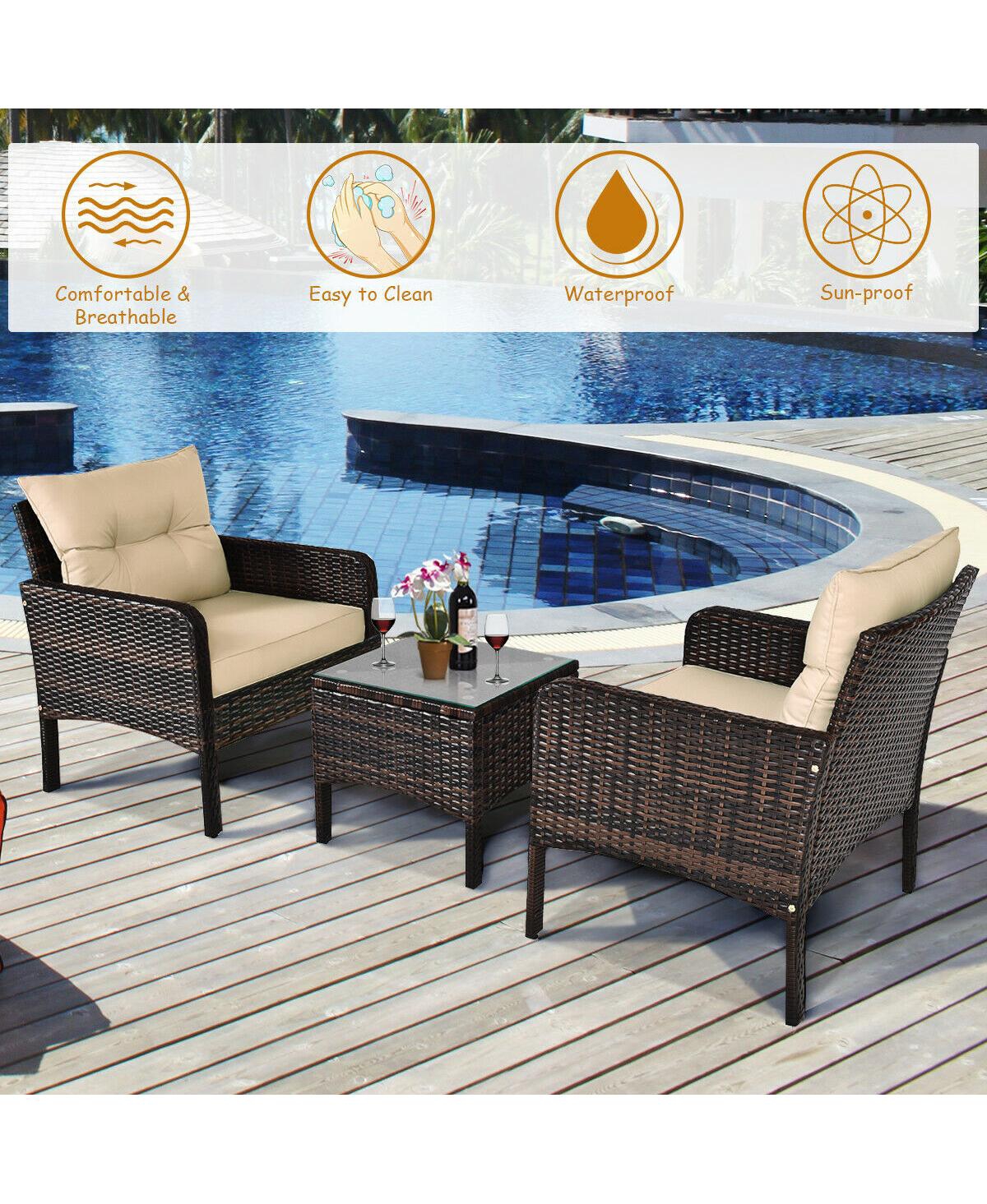 3 Pcs Outdoor Patio Rattan Conversation Set with Seat Cushions