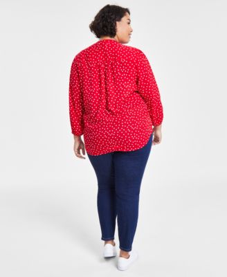 Shop Tommy Hilfiger Plus Size Dot Print Pintuck 3 4 Sleeve Top Th Flex Gramercy Pull On Jeans In Sky Captain,ivory