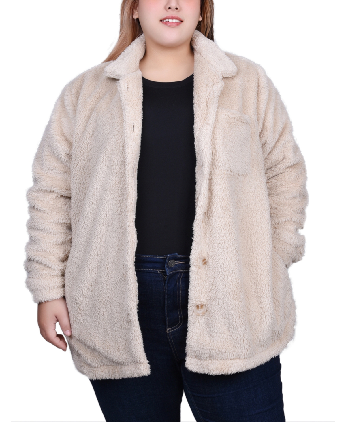 NY COLLECTION PLUS SIZE LONG SLEEVE BUTTON FRONT SHERPA JACKET