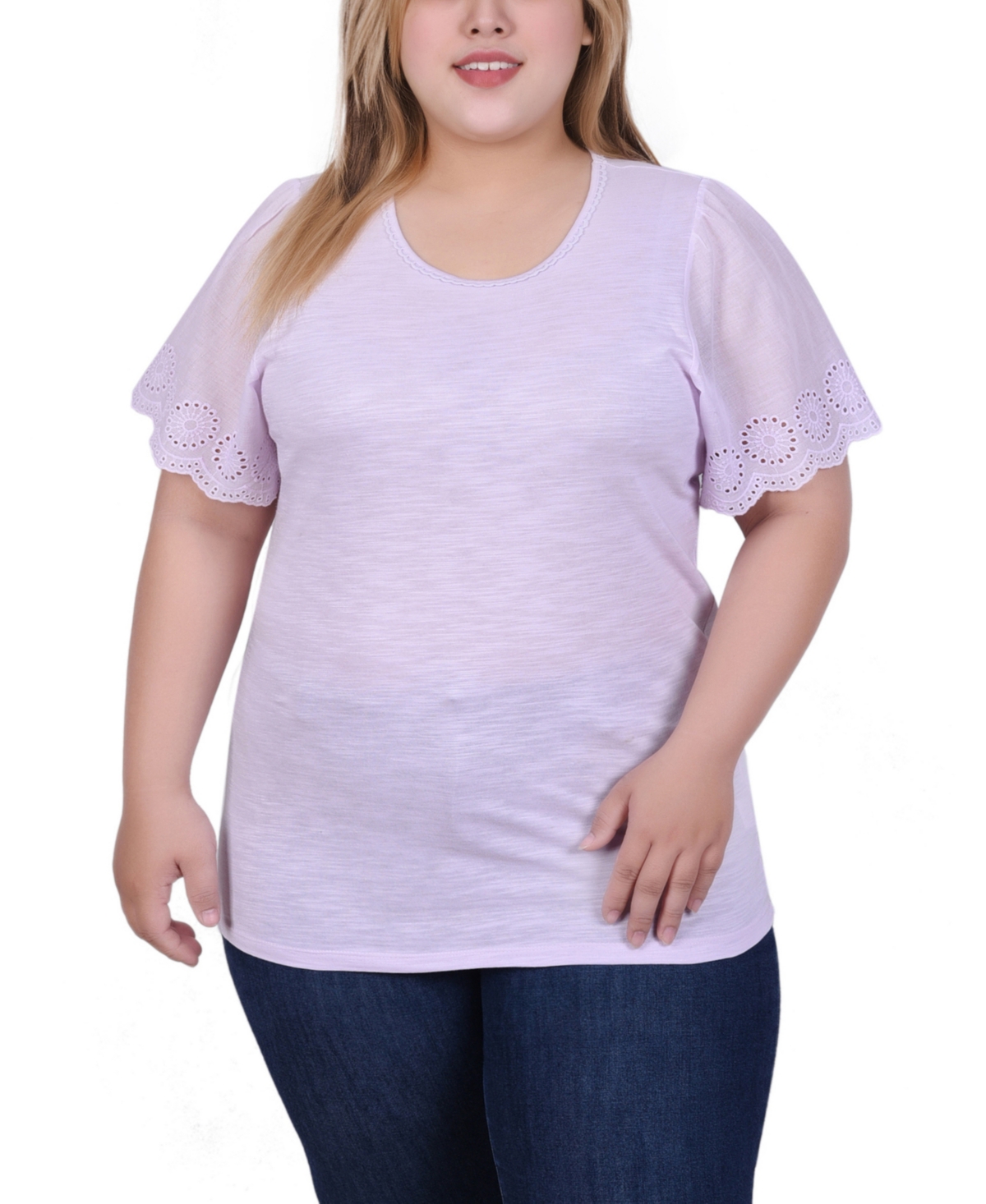 Ny Collection Plus Size Short Eyelet-cutout Sleeve Scoop Neck Top In Lilac