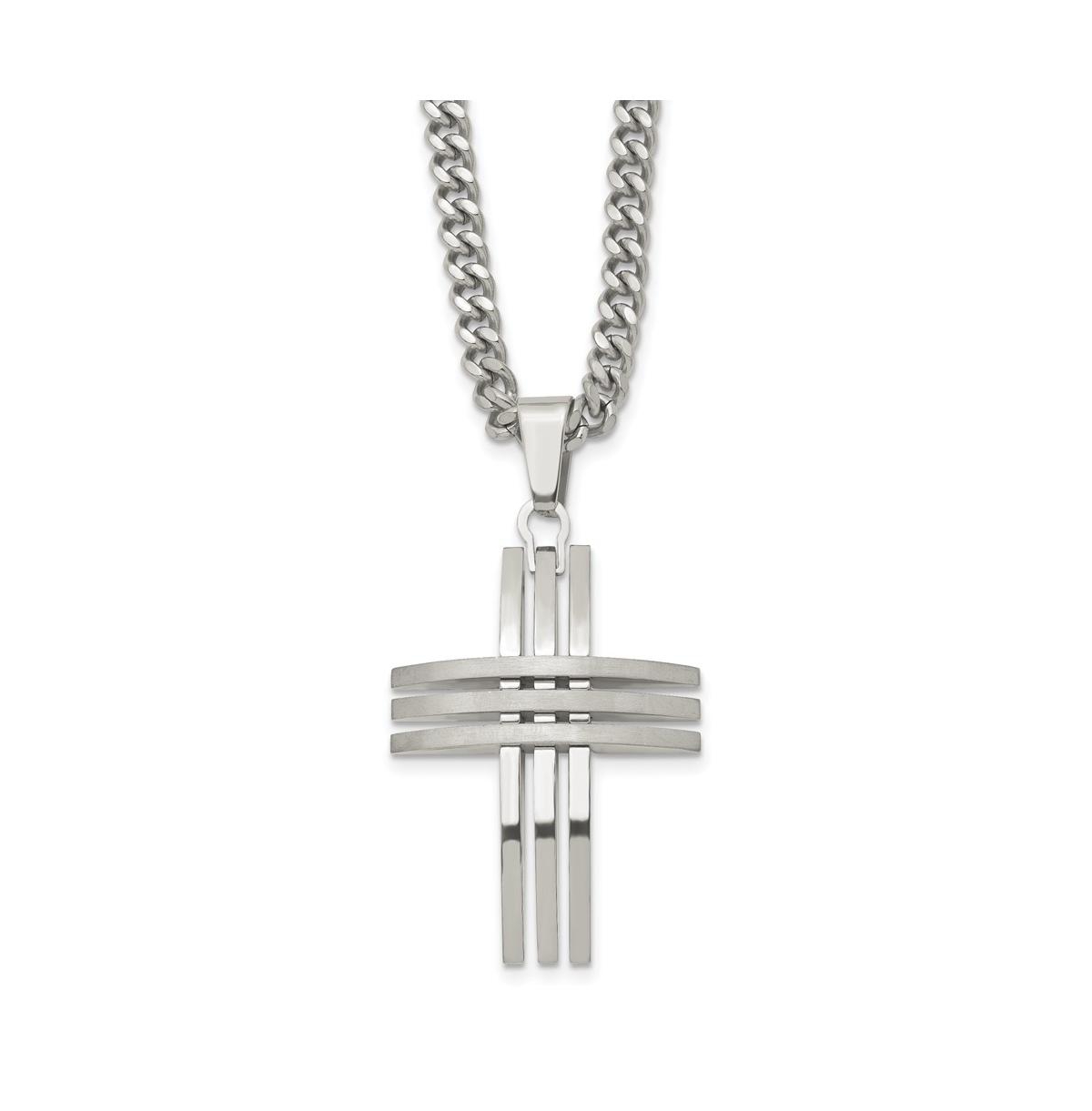 Brushed and Polished Cross Pendant on a Curb Chain Necklace - Silver