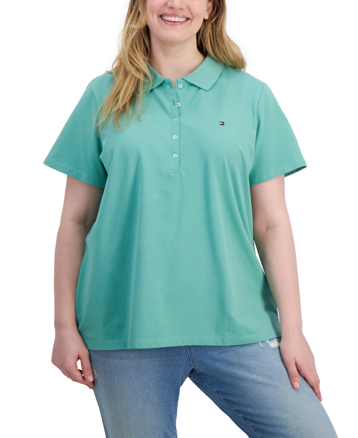 Shop Tommy Hilfiger Plus Size Short-sleeve Polo Shirt In Crã¨me De Menthe