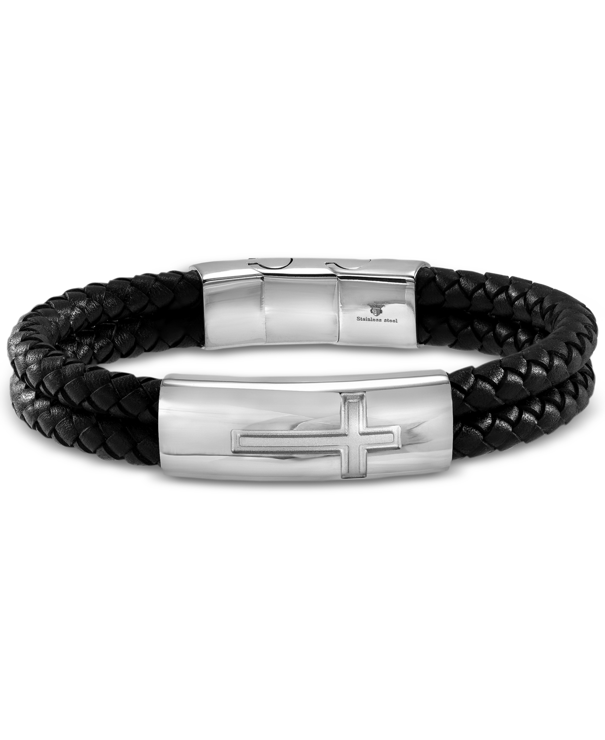 Men's Double Strand Leather Cross Bracelet in Stainless Steel - Steel/Black
