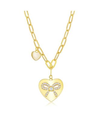 Sterling Silver or Gold Plated Over Sterling Silver Heart with CZ Ribbon Paperclip Necklace