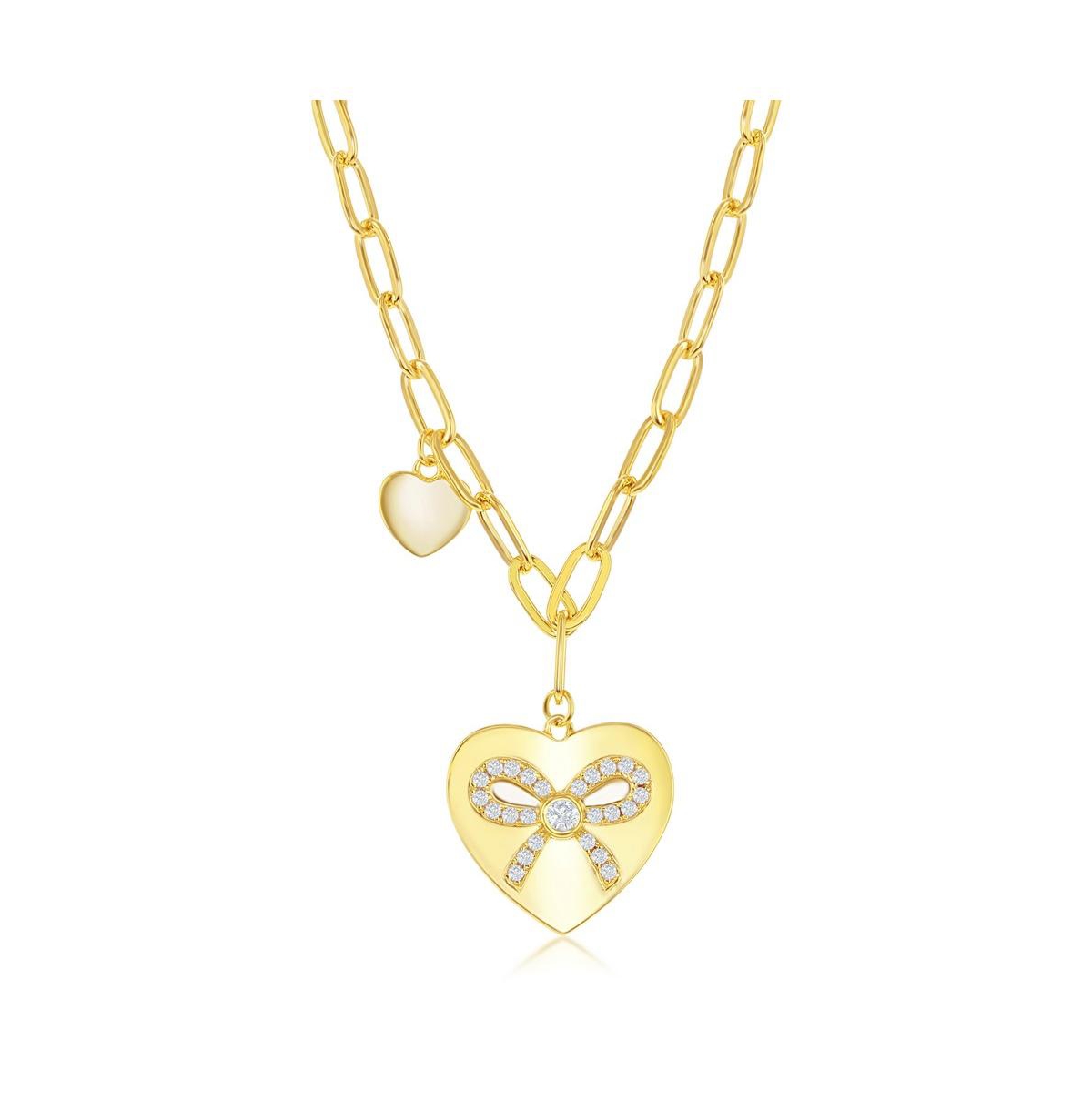 Sterling Silver orPlated Over Sterling Silver Heart with Cz Ribbon Paperclip Necklace - Gold
