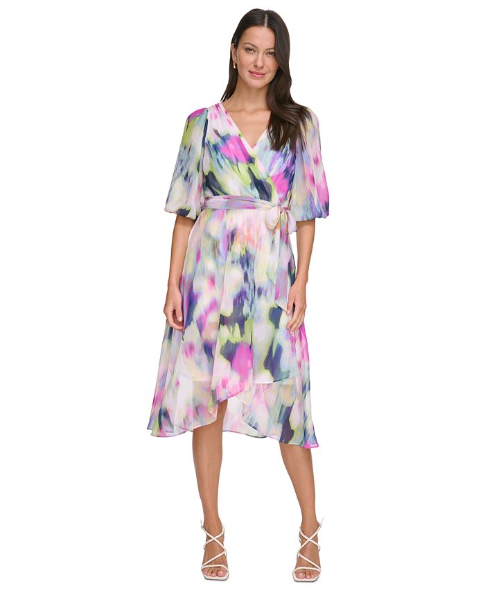 DKNY Plus Size Ombré Printed Balloon-Sleeve Faux-Wrap Dress - Macy's