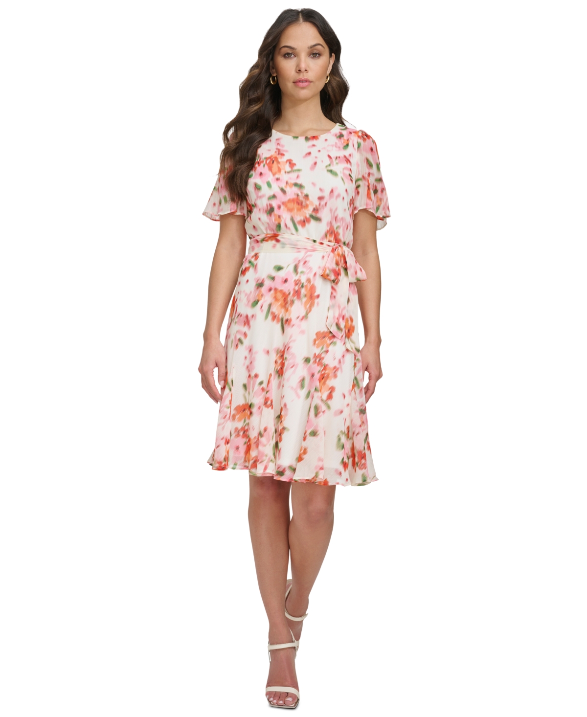 Women's Printed Flutter-Sleeve Tie-Waist Dress - Cream Multi