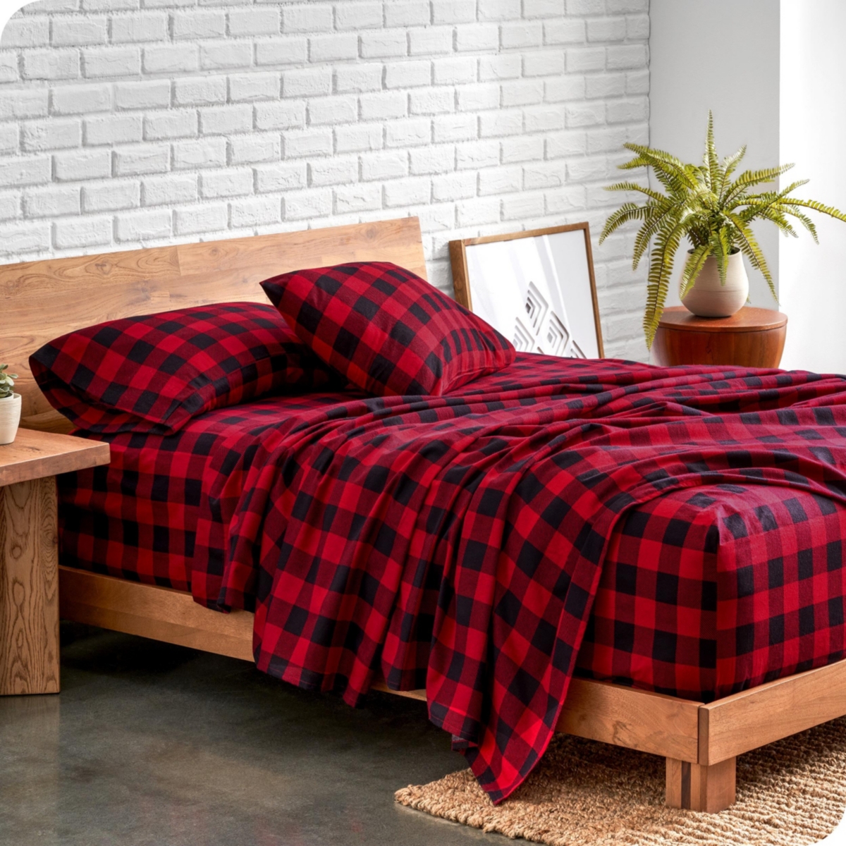 Bare Home Printed Cotton Flannel Sheet Set - Buffalo plaid - red/black
