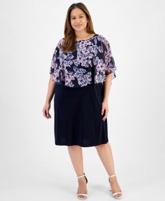 sachin and babi light blue dress Connected Plus Size Floral-Chiffon Cape Sheath Dress