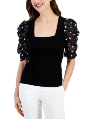 T Tahari - Women's Polka-Dot-Sleeve Knit Top
