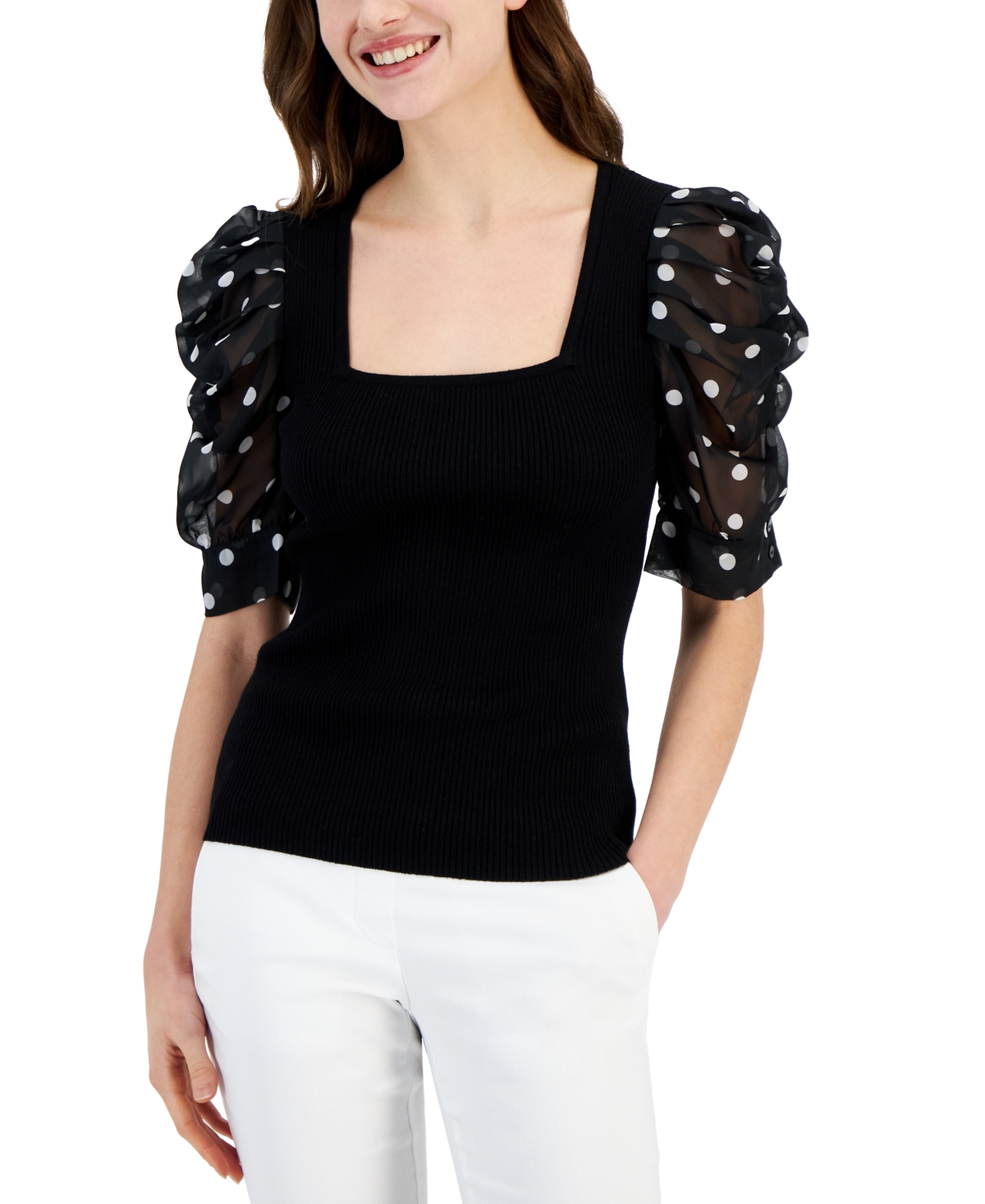 Shop T Tahari Women's Polka-dot-sleeve Knit Top In Black With Polka Dot Sleeve