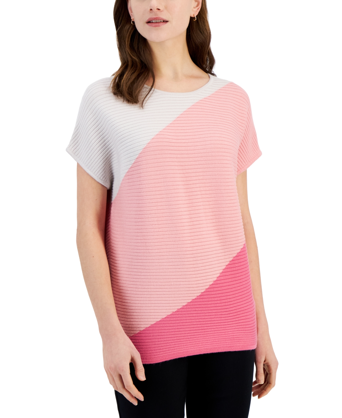 Shop T Tahari Women's Colorblock Cap-sleeve Ribbed Sweater In Bombay Pink Combo