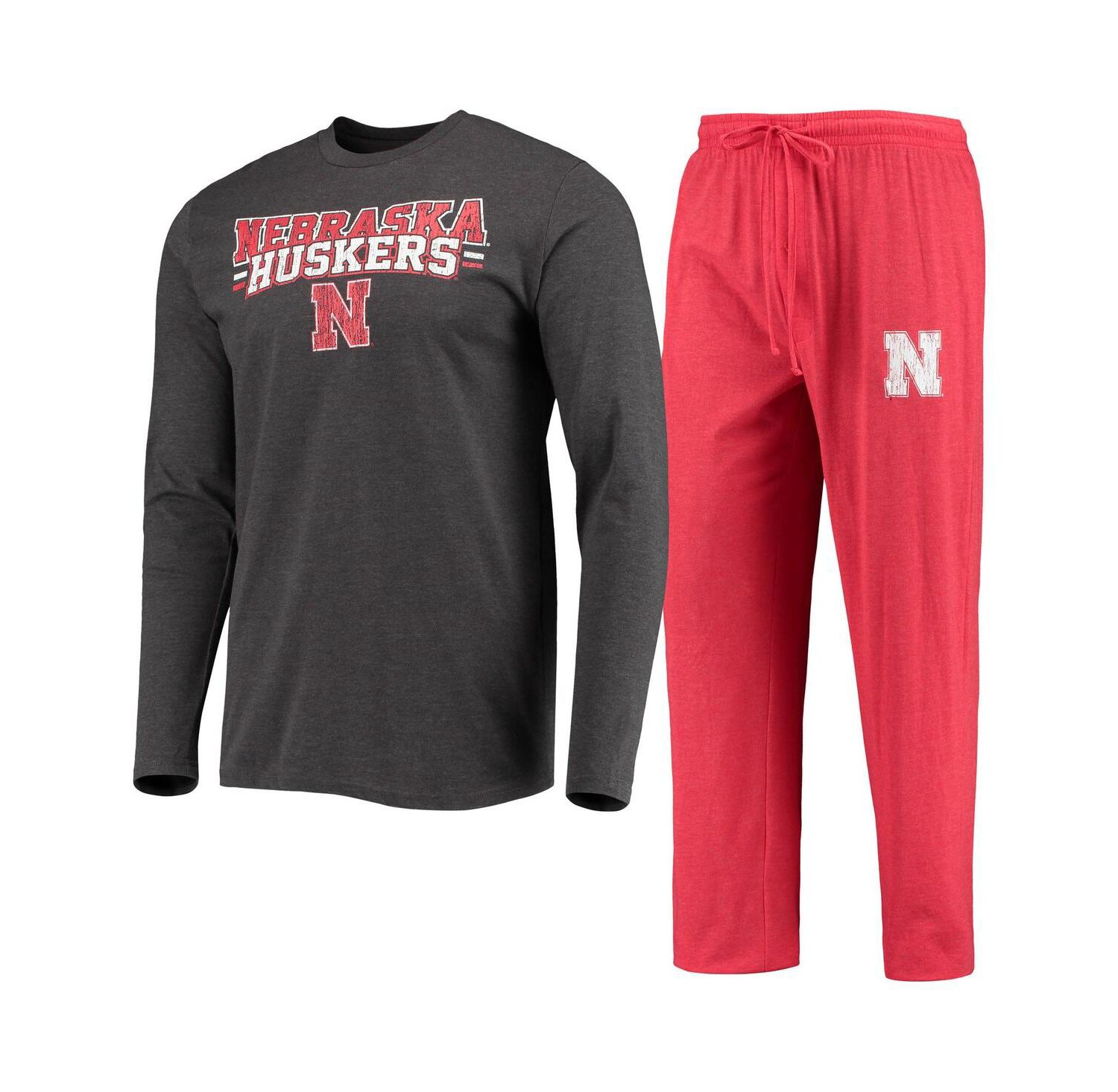 Men's Scarlet, Heathered Charcoal Distressed Nebraska Huskers Meter Long Sleeve T-shirt and Pants Sleep Set