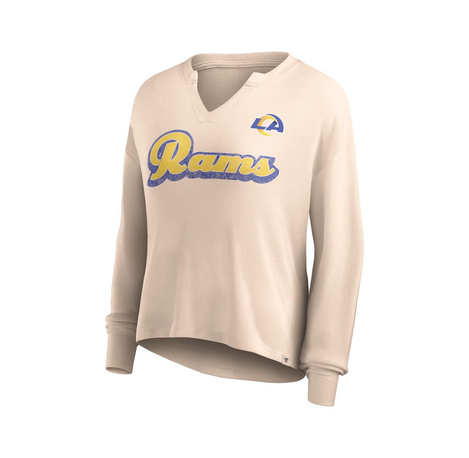 Women's Tan Distressed Los Angeles Rams Go For It Notch Neck Waffle Knit Long Sleeve T-shirt