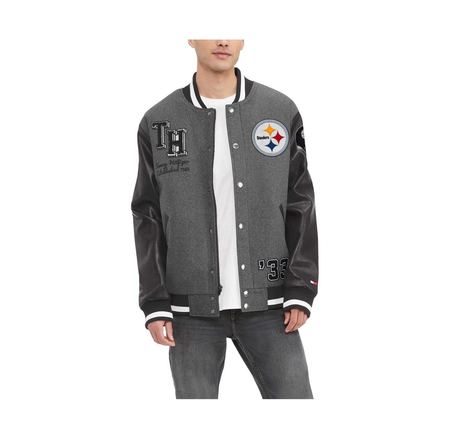 Men's Heather Gray, Black Pittsburgh Steelers Gunner Full-Zip Varsity Jacket
