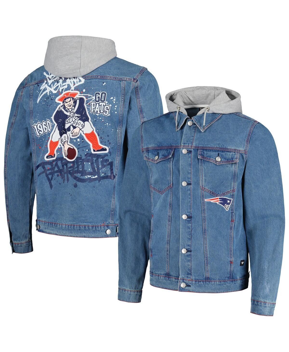 Shop The Wild Collective Men's  New England Patriots Hooded Full-button Denim Jacket In Blue