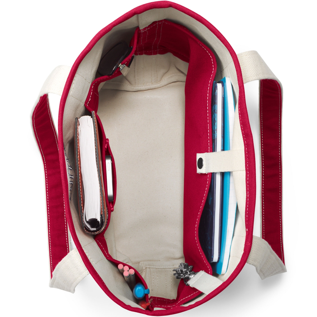 Lands' End5 Pocket Open Top Long Handle Canvas Tote Bag - Natural/deep scarlet