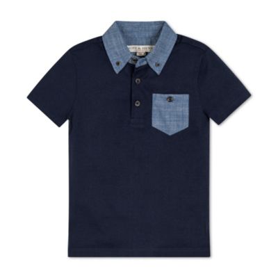 Boys Short Sleeve Jersey Polo with Chambray Trim