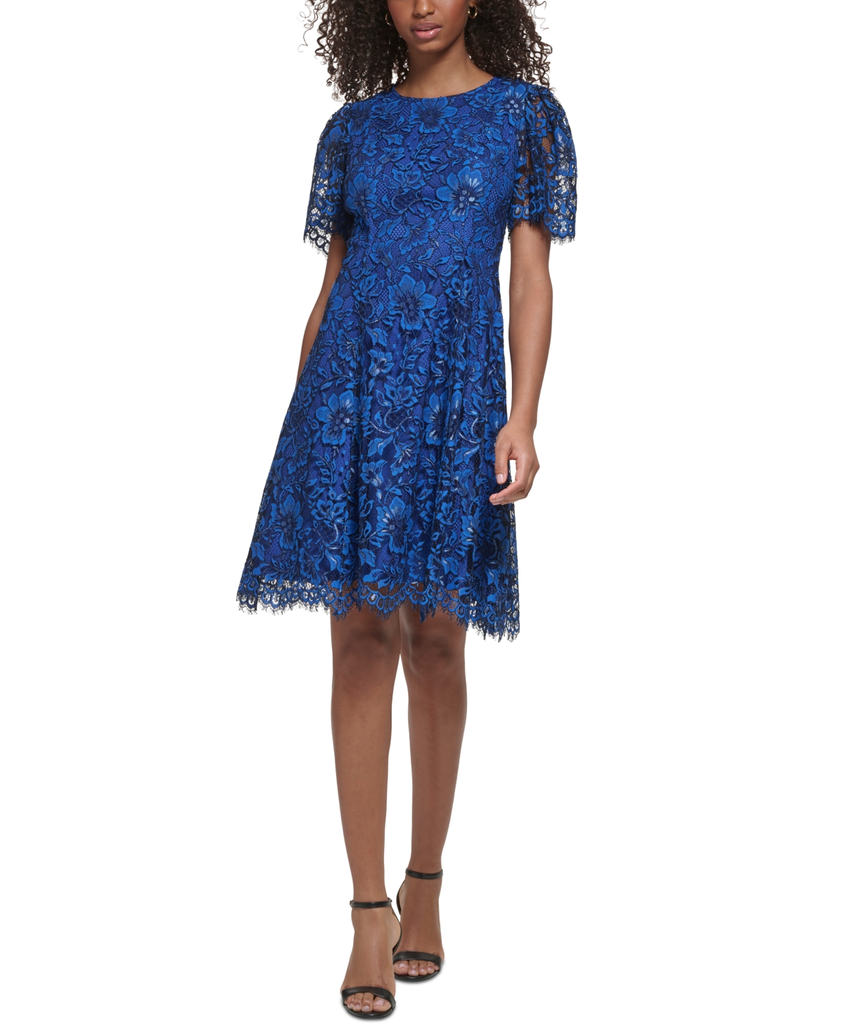 Women's Flutter-Sleeve Seamed Fit & Flare Dress - Royal Blue