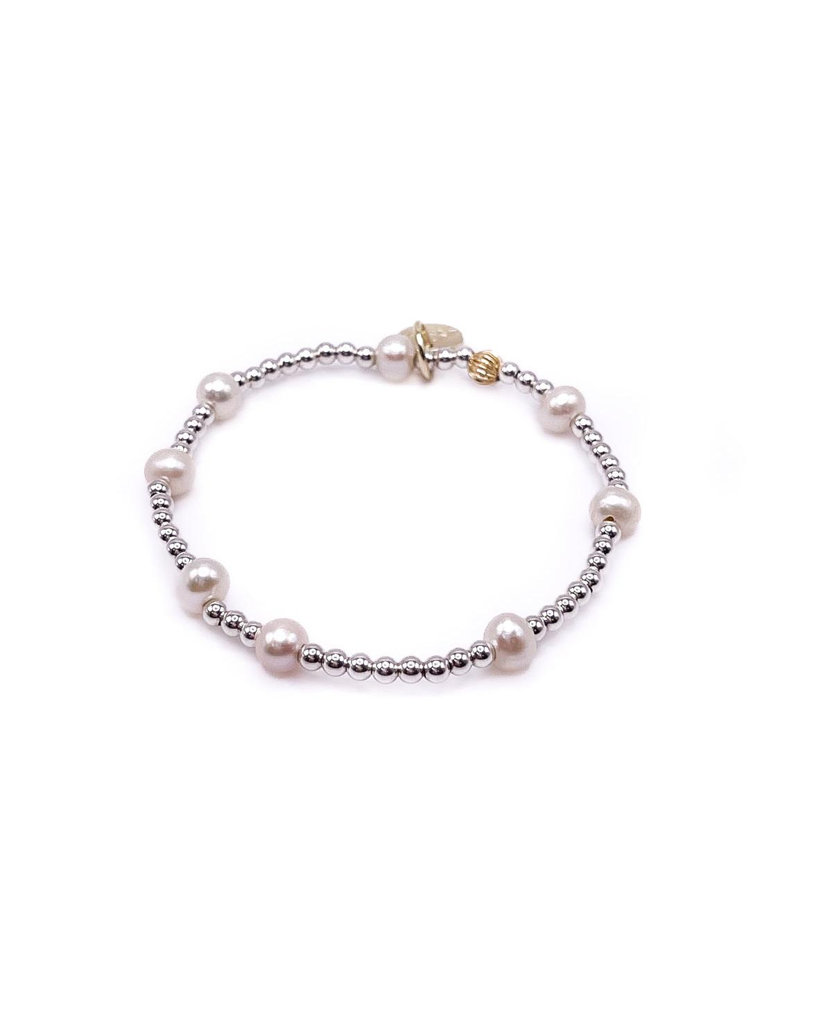 3mm Sterling Silver Ball and Freshwater Pearl Stretch Bracelet - Silver  white