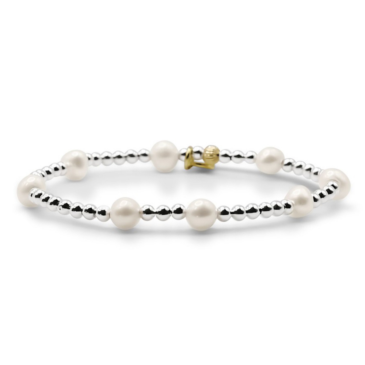 3mm Sterling Silver Ball and Freshwater Pearl Stretch Bracelet - Silver  white