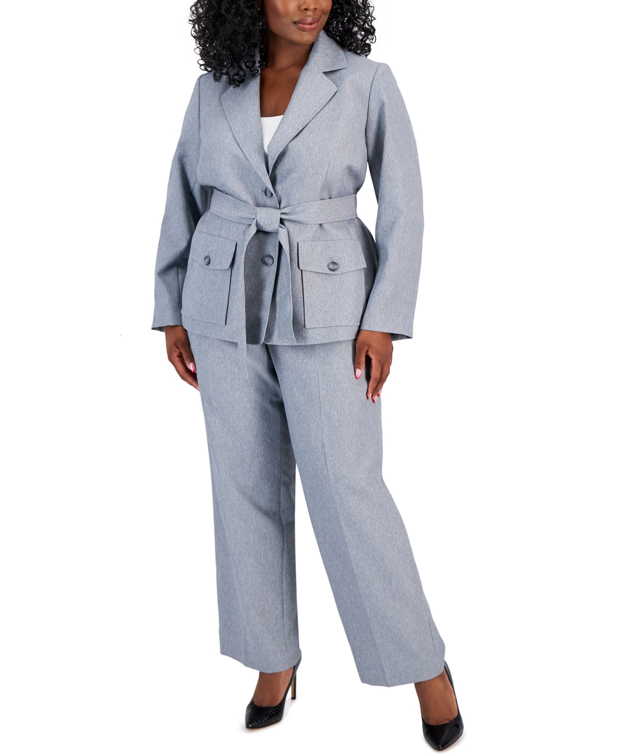 Le Suit Plus Size Belted Safari Jacket Pantsuit In Light Grey Multi