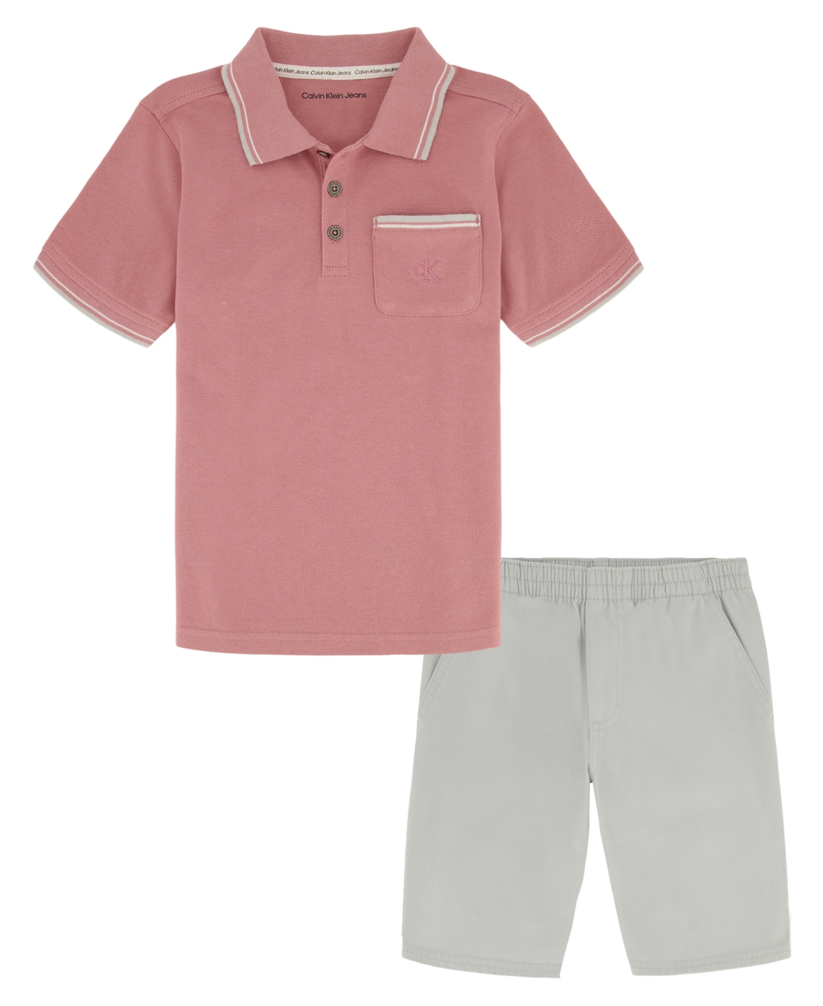 Shop Calvin Klein Toddler Boys Monogram Pocket Pique Short Sleeve Polo Shirt And Twill Shorts, 2 Piece Set In Pink