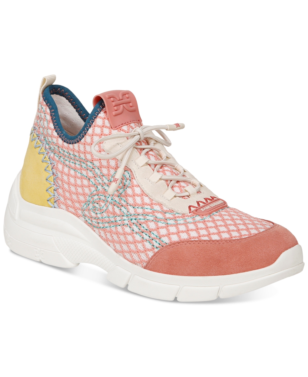 Shop Sam Edelman Women's Chelsie Emblem Knit Lace-up Sneakers In Pink Coral,electric Lime,off White