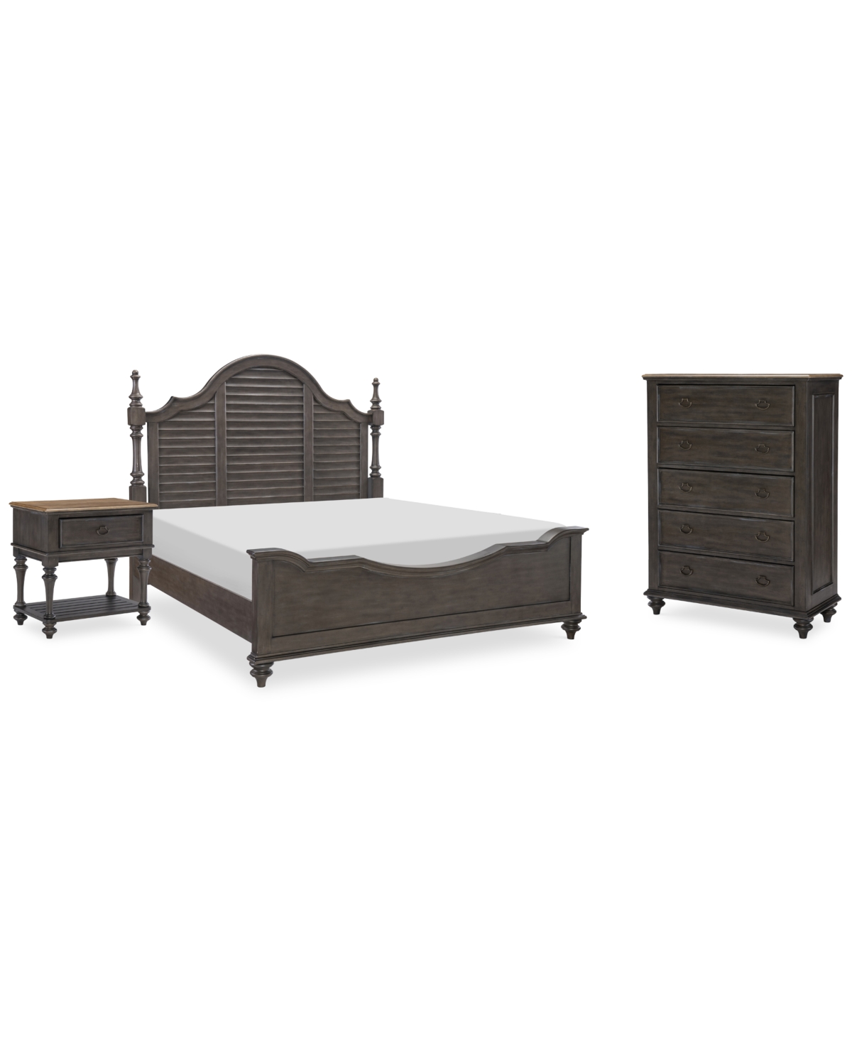 Shop Macy's Mandeville 3pc Bedroom Set (louvered King Bed + Drawer Chest + 1-drawer Nightstand) In Brown