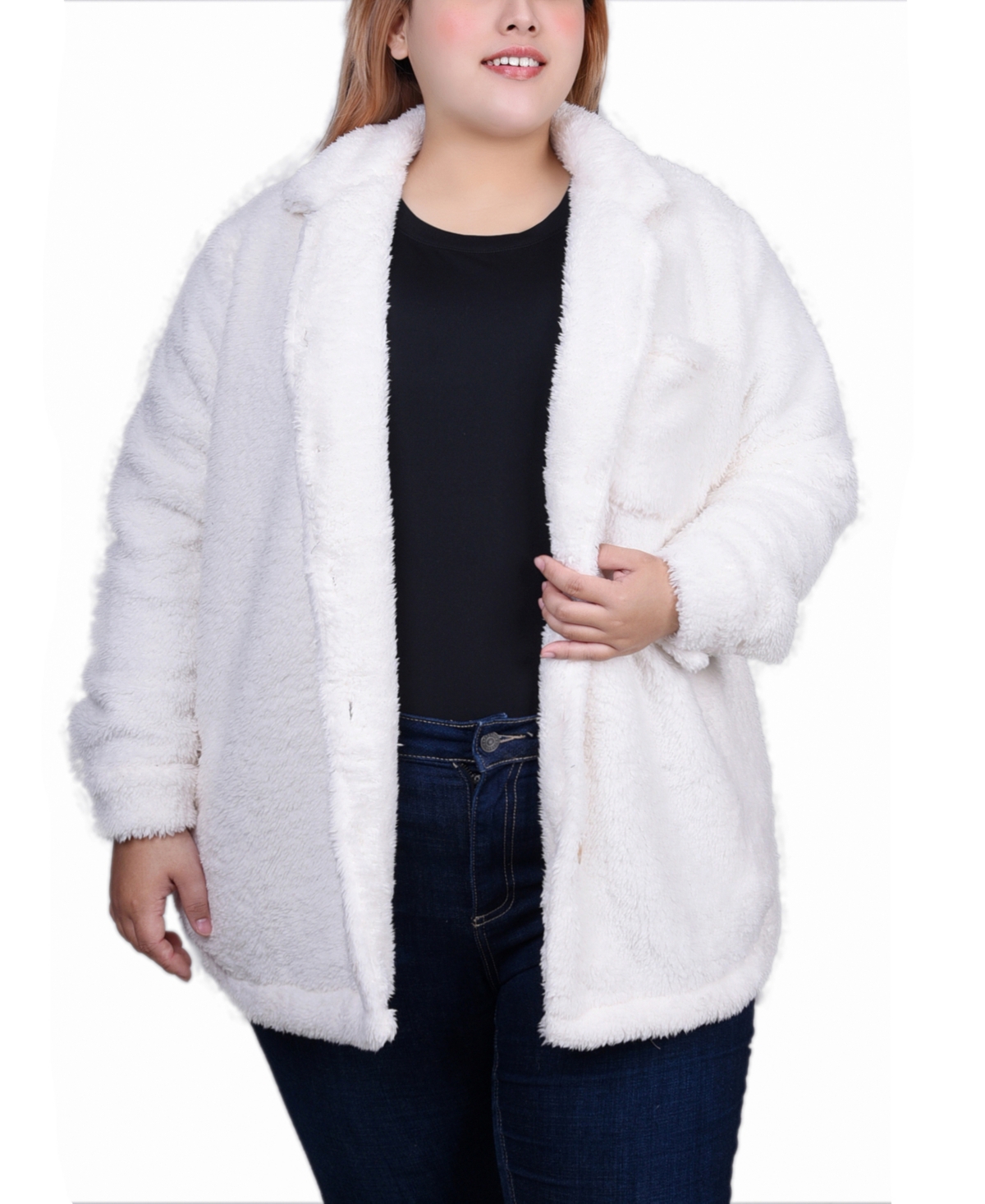 Ny Collection Plus Size Long Sleeve Button Front Sherpa Jacket In Ivory