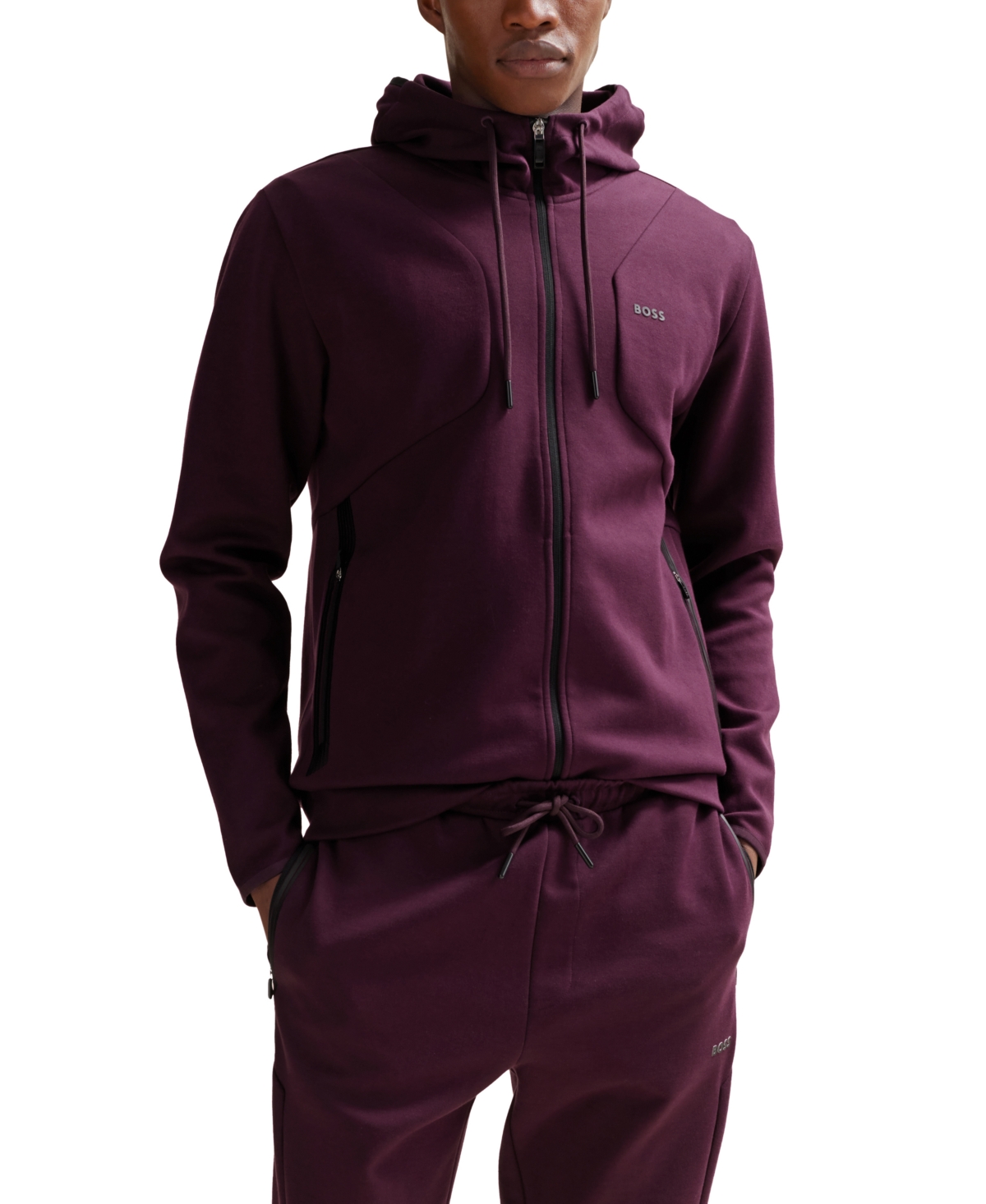 Hugo Boss Cotton-blend Zip-up Hoodie With Hd Logo Print In Merlot