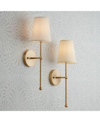 Elena Modern Wall Light Sconces Set of 2 Warm Brass Gold Metal Hardwired 6" Cream Linen Shade for Bedroom Bedside Living Room House Home Hallway Dining Kitchen - Possini Euro Design