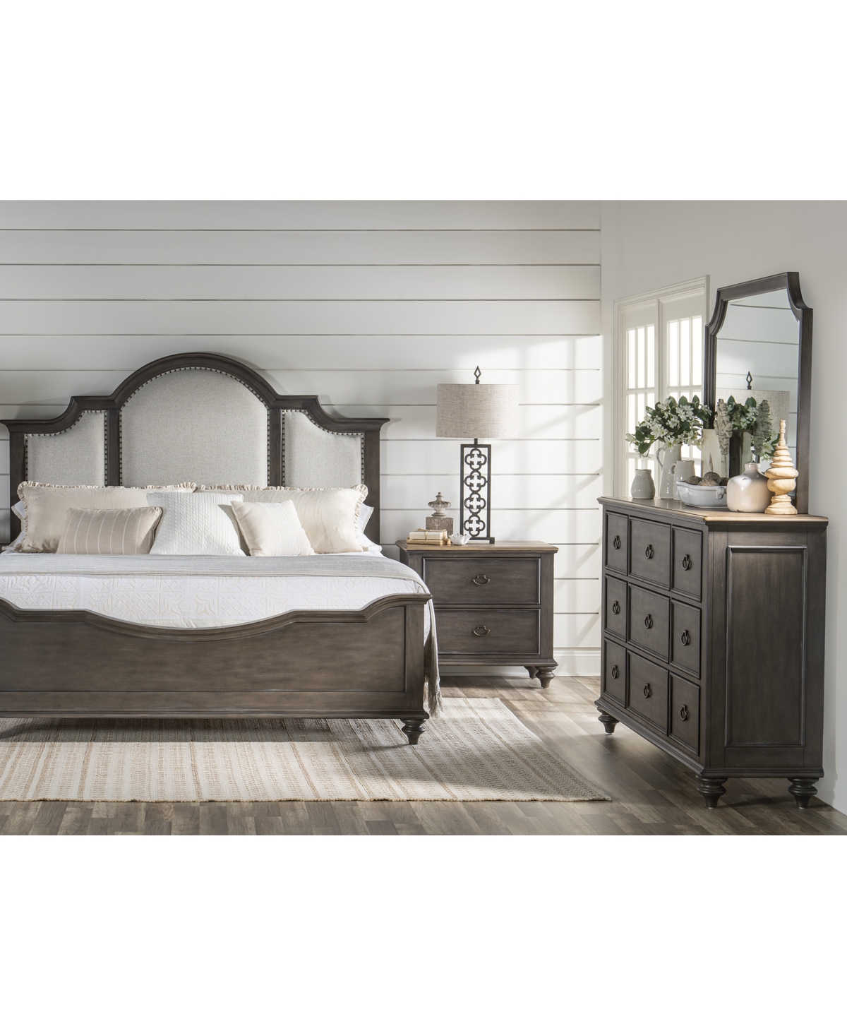Macy's Mandeville 3pc Bedroom Set (upholstered California King Bed + Drawer Chest + 2-drawer Nightstand) In Brown
