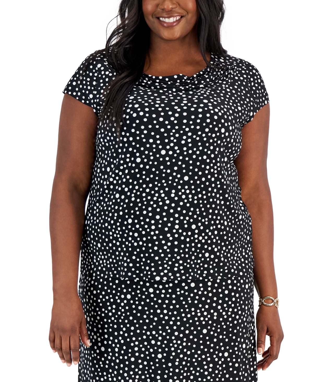 Plus Size Dotted Cowlneck Cap-Sleeve Top - Black/vanilla Ice