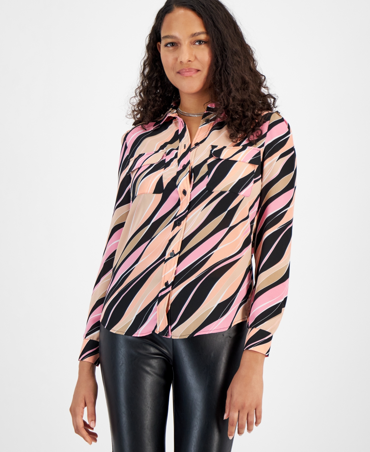Shop Bar Iii Women's Wave-print Button-up Shirt, Created For Macy's In Black,rose Bloom Multi