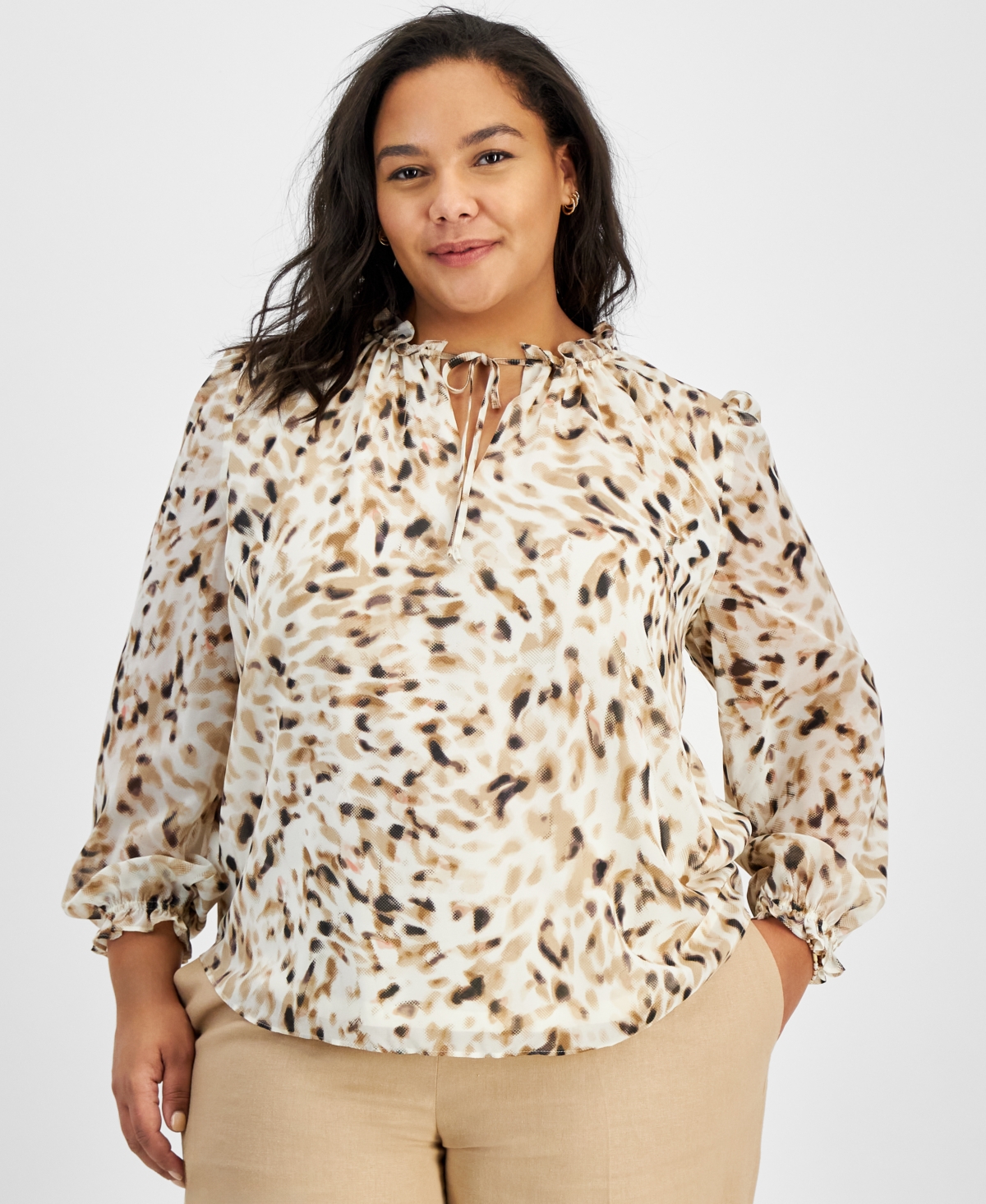 Plus Size Printed Tie-Neck Blouse, Created for Macy's - Bar White Multi