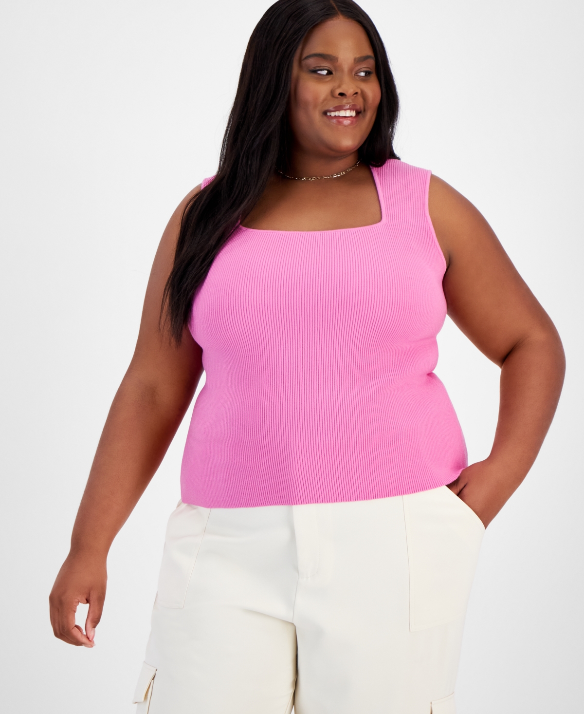 Bar Iii Trendy Plus Size Ottoman Square-neck Sleeveless Sweater Tank, Created For Macy's In Wild Pink