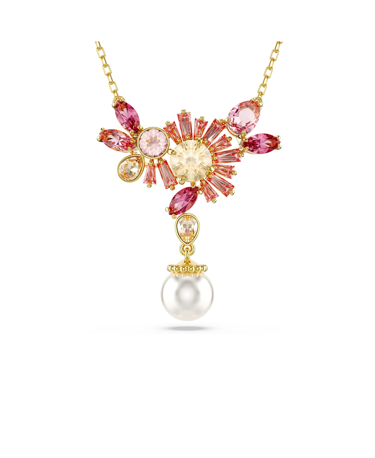 Swarovski Mixed Cuts, Crystal  Imitation Pearl, Flower, Pink, Gold-tone Gema Pendant Necklace