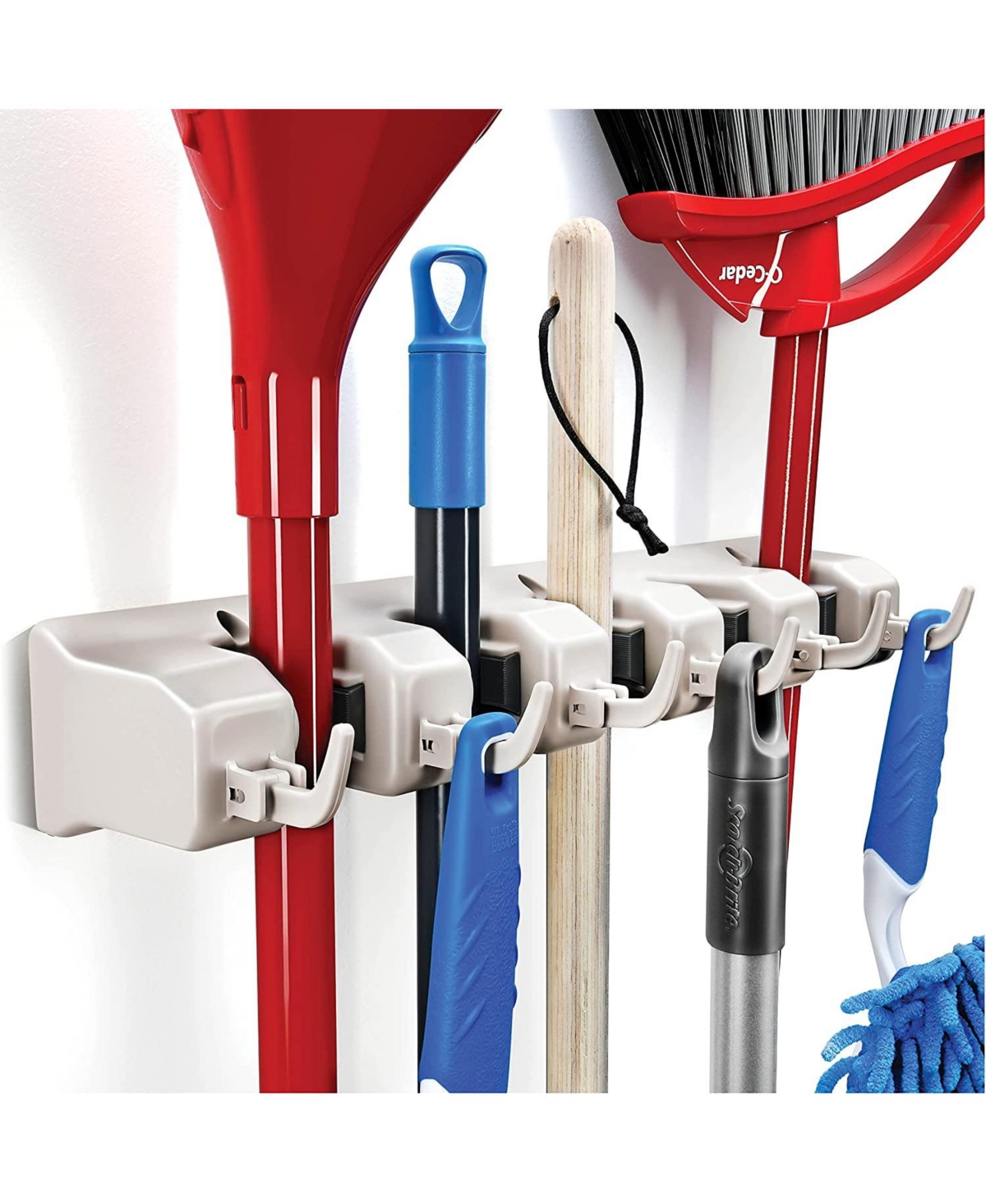 Mop And Broom Holder - Garage Storage Systems with 5 Slots, 6 Hooks, 7.5lbs Capacity Per Slot - Garden Tool Organizer For 11 Tools - For Home, Kitchen