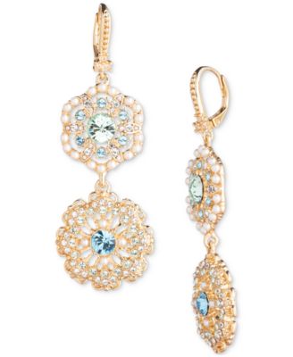 Marchesa - Gold-Tone Crystal & Imitation Pearl Flower Double Drop Earrings