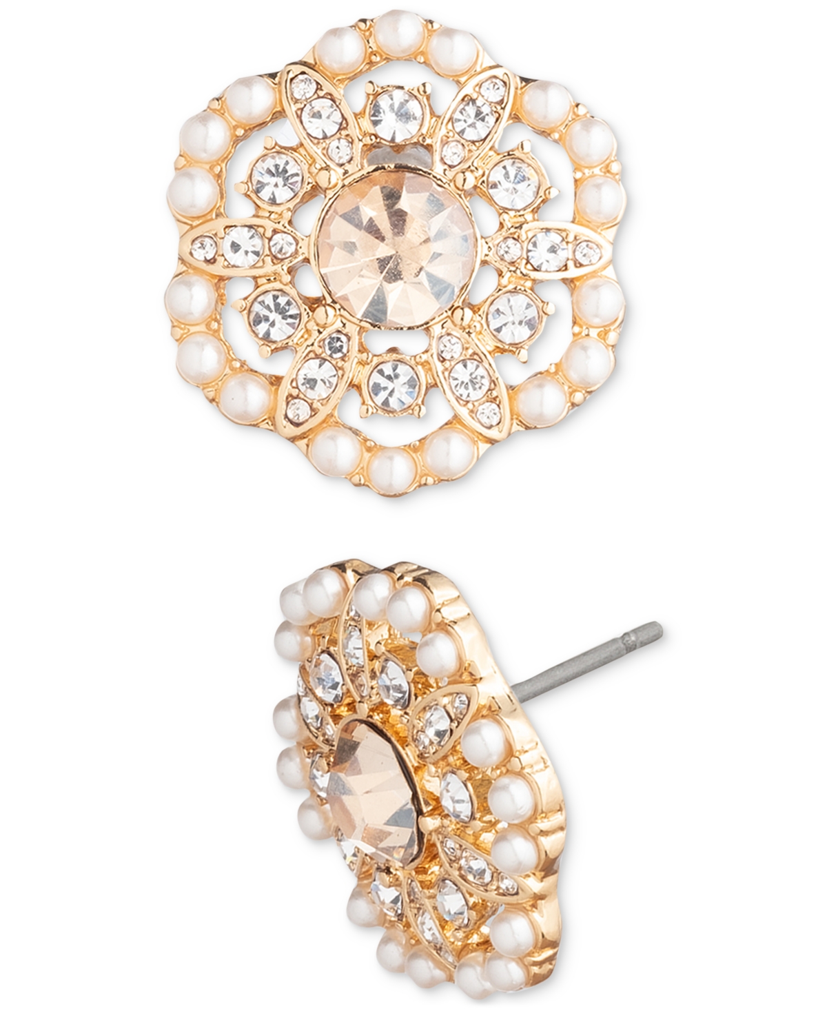 Gold-Tone Pave & Imitation Pearl Flower Stud Earrings - Gold