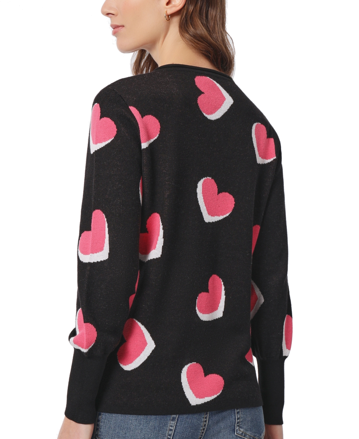 Shop Jones New York Women's Jacquard Heart V- Neck Puff-sleeve Sweater In Jones Black Multi