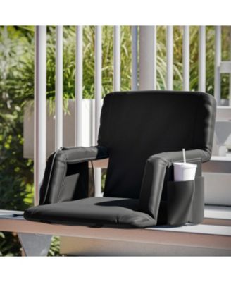 heated reclining with armrests, padded polyester, portable stadium chair with dual pockets and backpack straps.