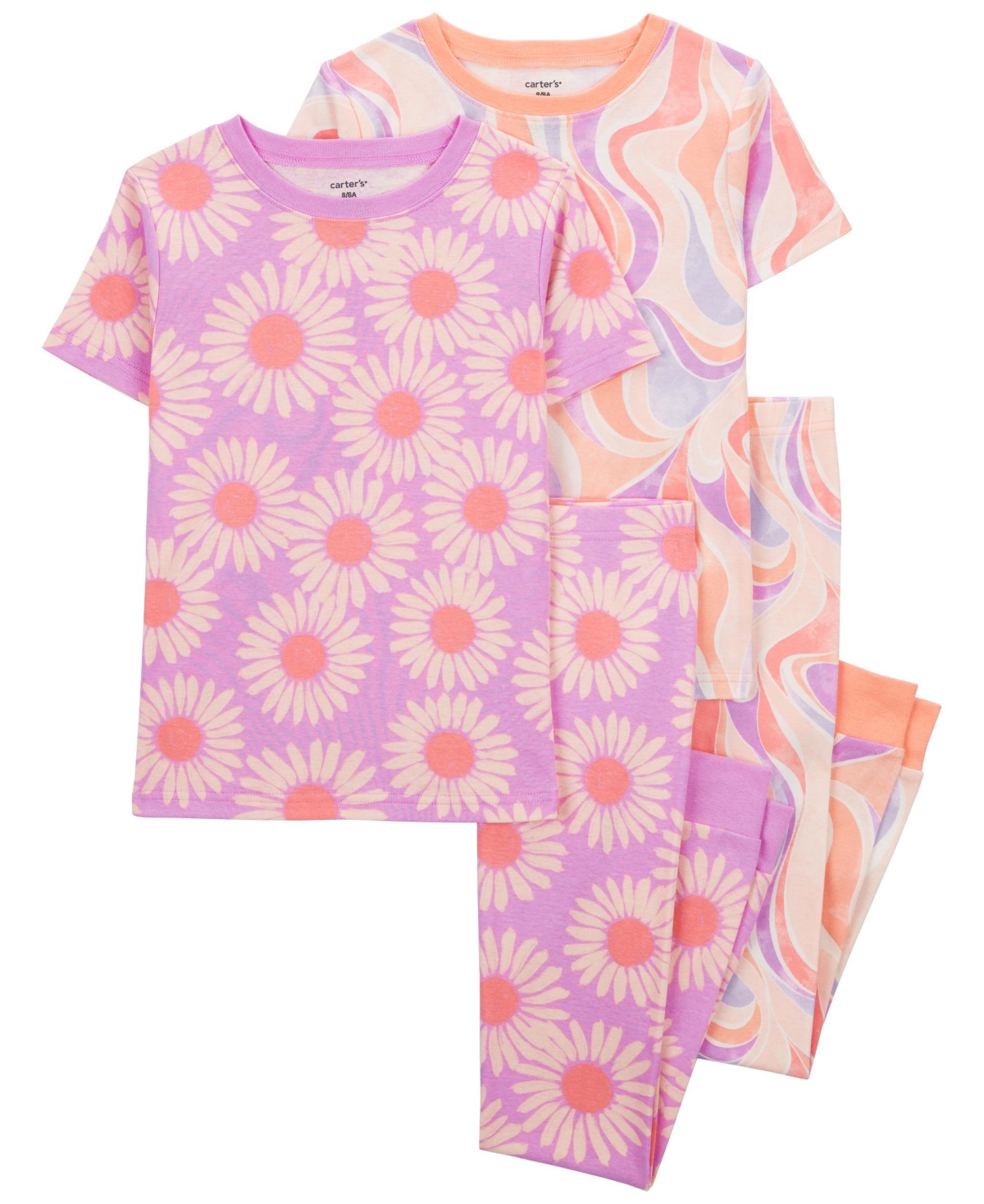 Carter's Kids' Little Girls Daisy 100% Snug Fit Cotton Pajamas, 4 Piece Set In Purple