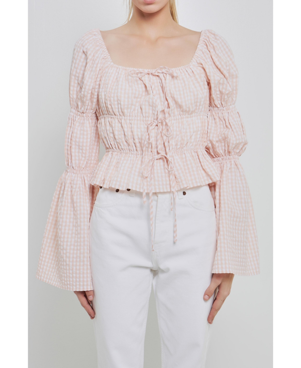 Women's Tie Detailed Shirring Top with Long Sleeves - Blush
