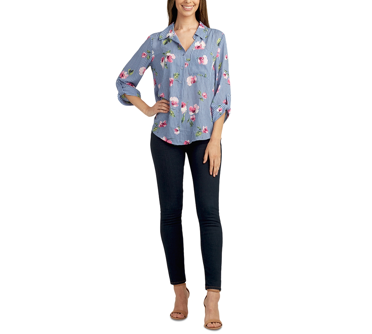 Shop Bcx Juniors' Floral Button-front Roll-sleeve Blouse In Pat F