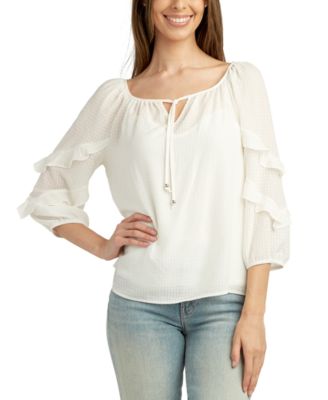 BCX - Juniors' Tie-Neck Ruffle-Sleeve Peasant Blouse