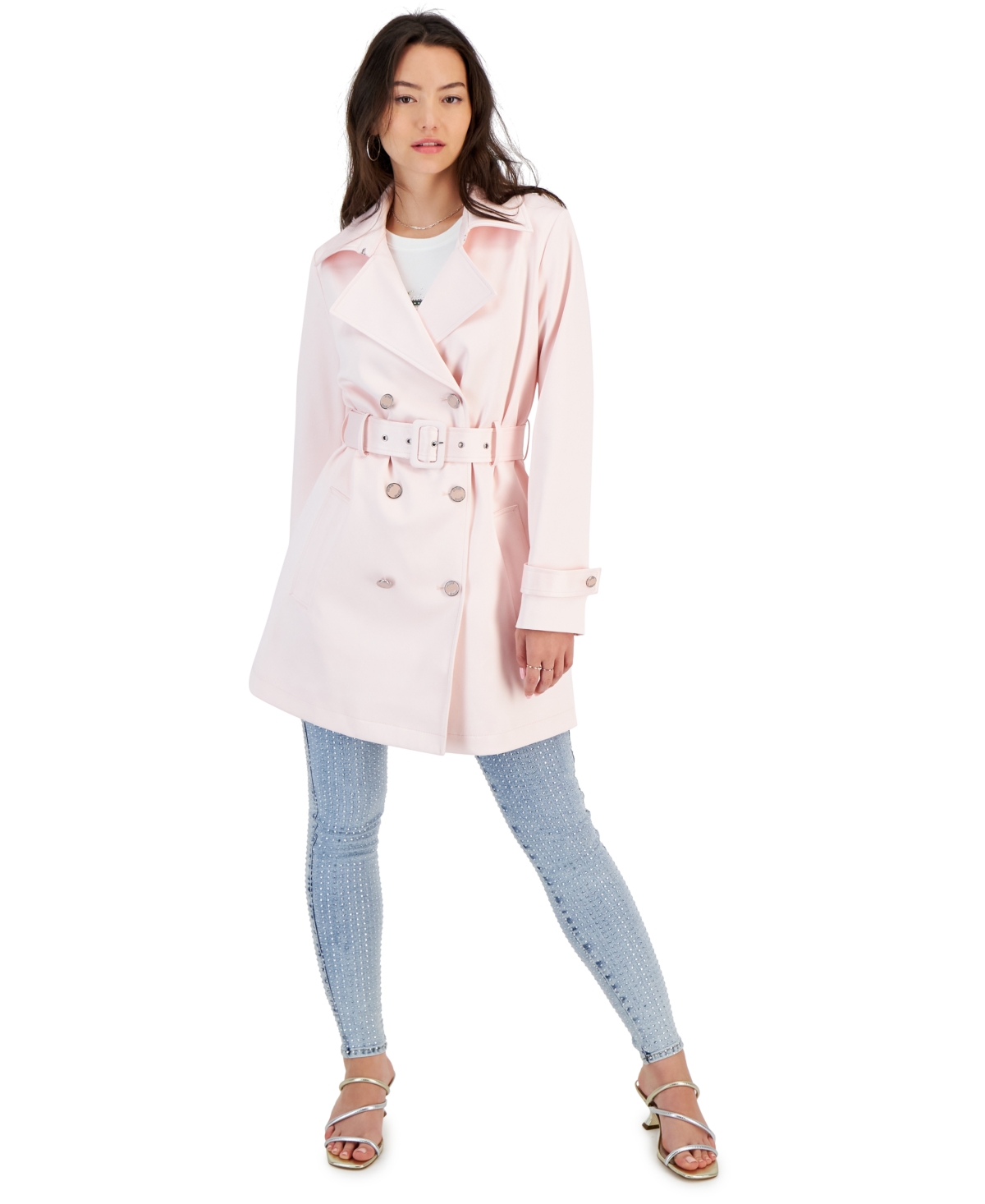 Guess Women s Luana Short Belted Trench Coat Low Key Pink Smart Closet