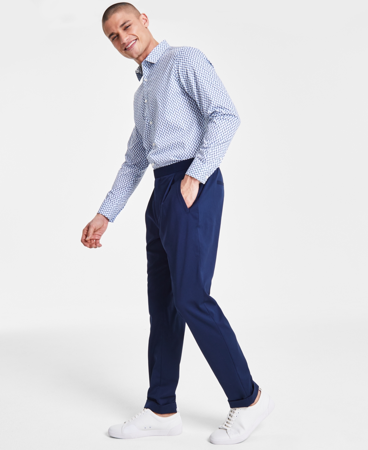 Shop Alfani Men's Modern-fit Stretch Pleated Dress Pants, Created For Macy's In Neo Navy
